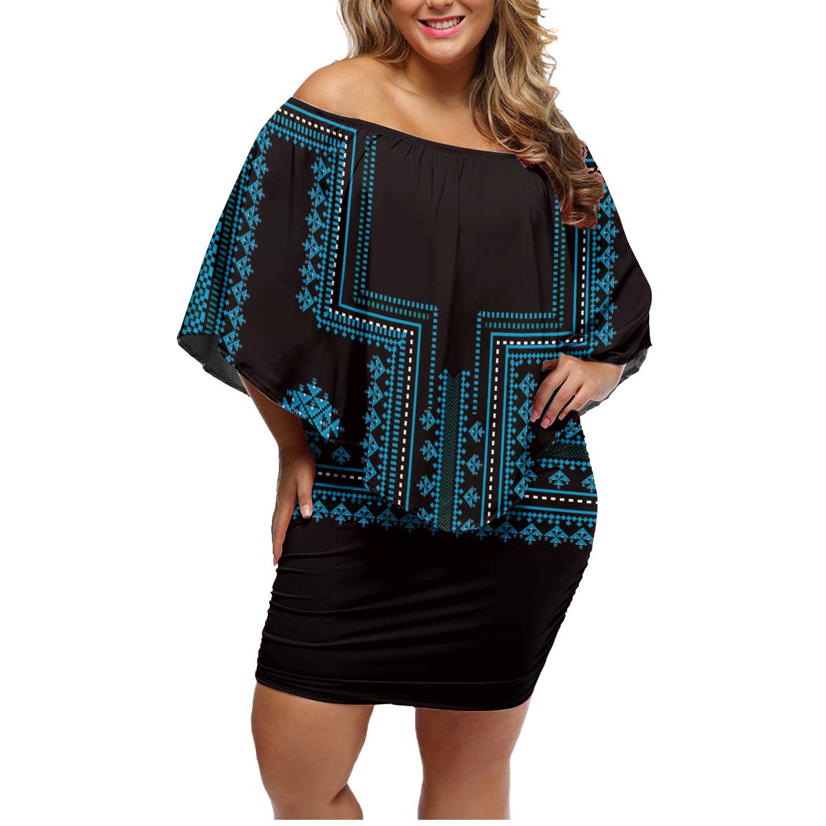 Bulgaria Traditional Pattern Blue Family Matching Off Shoulder Short Dress and Hawaiian Shirt Balkan Culture - Wonder Print Shop