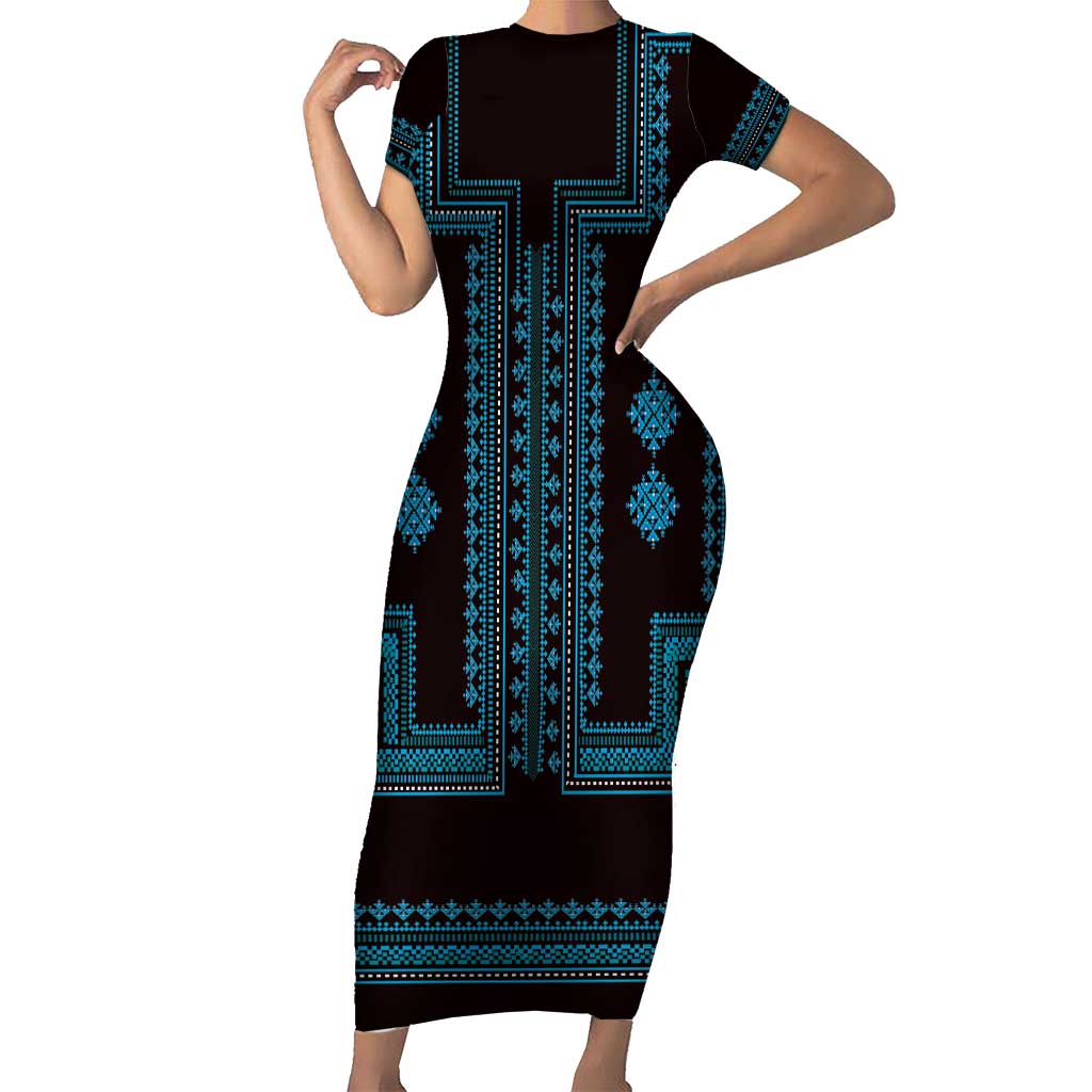 Bulgaria Traditional Pattern Blue Family Matching Short Sleeve Bodycon Dress and Hawaiian Shirt Balkan Culture - Wonder Print Shop