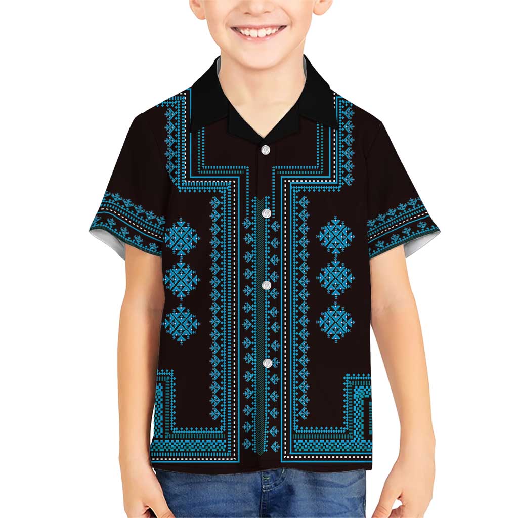 Bulgaria Traditional Pattern Blue Family Matching Short Sleeve Bodycon Dress and Hawaiian Shirt Balkan Culture - Wonder Print Shop
