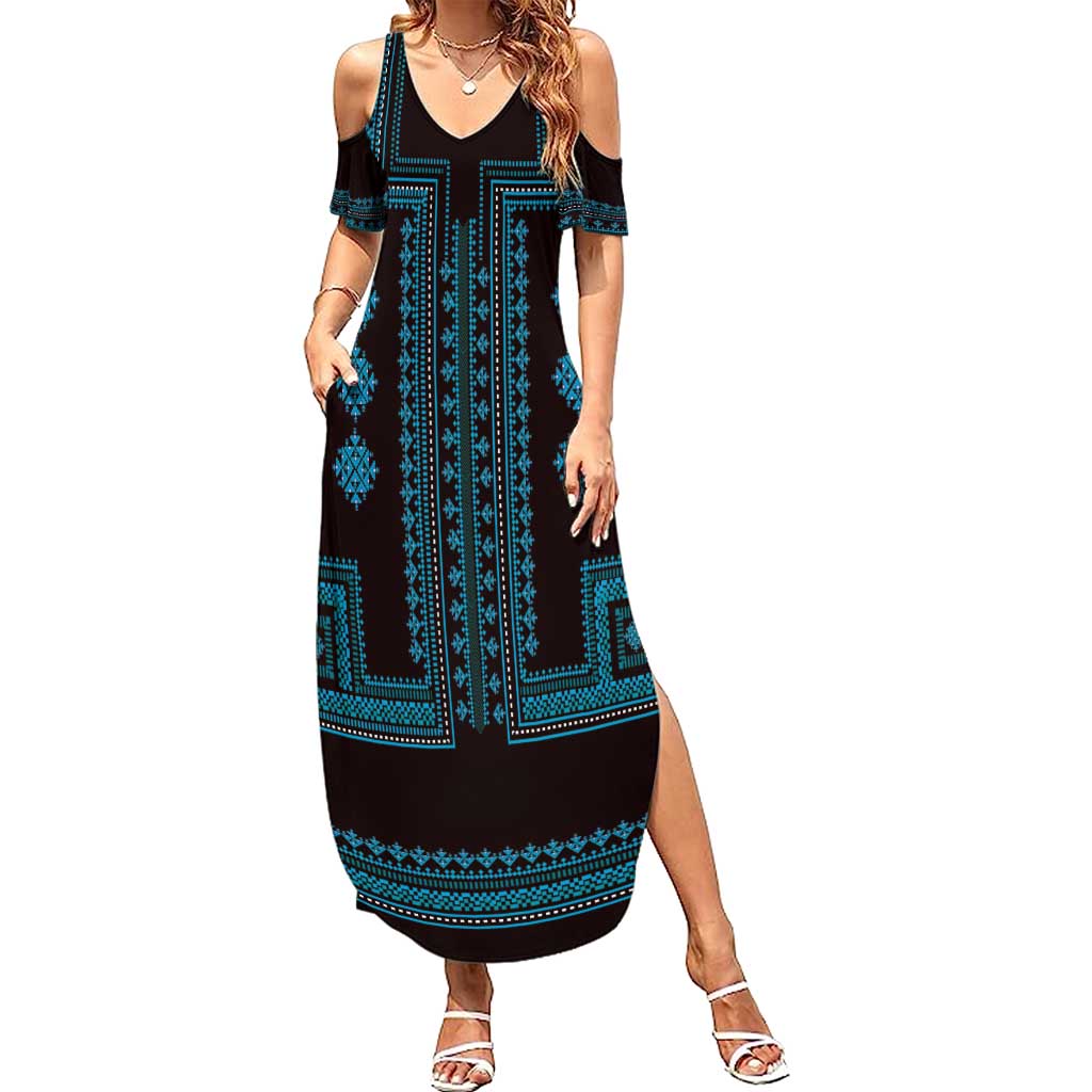Bulgaria Traditional Pattern Blue Family Matching Summer Maxi Dress and Hawaiian Shirt Balkan Culture - Wonder Print Shop