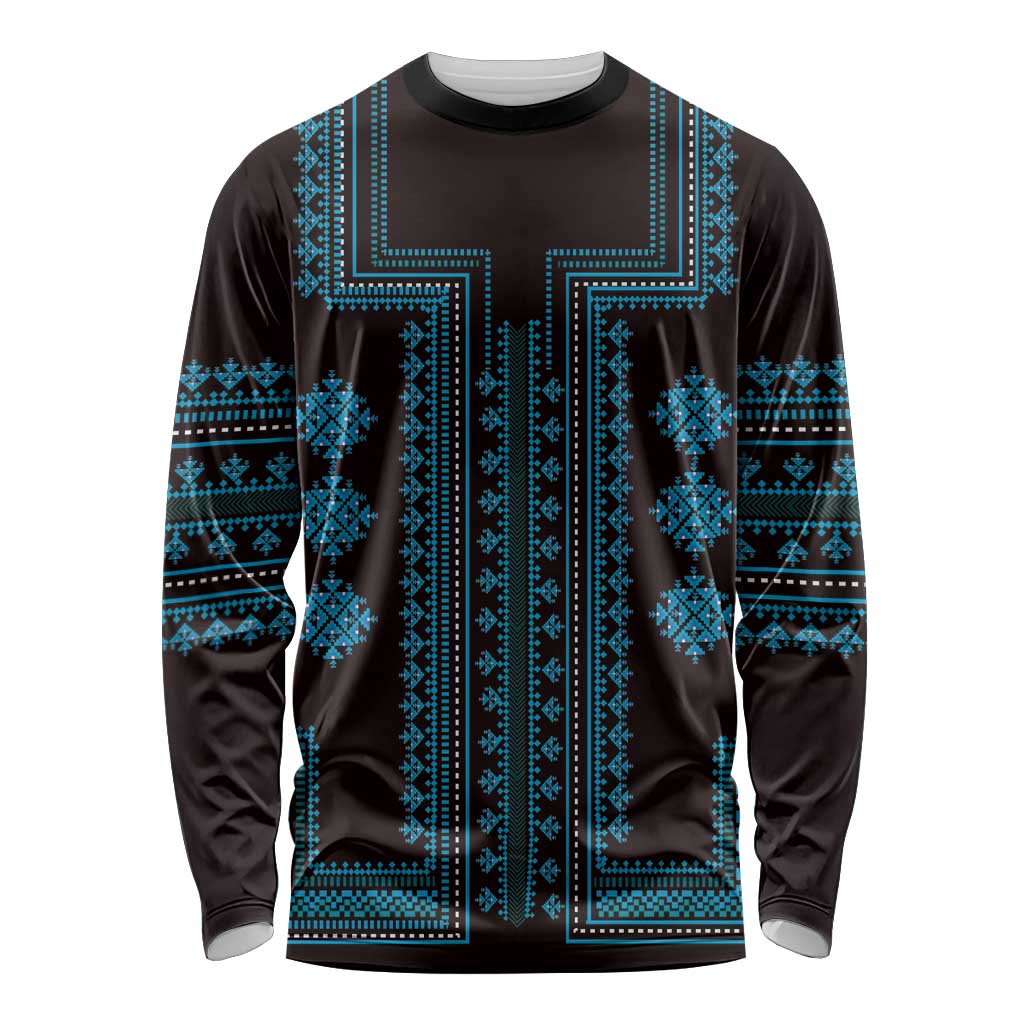 Bulgaria Traditional Pattern Blue Long Sleeve Shirt Balkan Culture - Wonder Print Shop