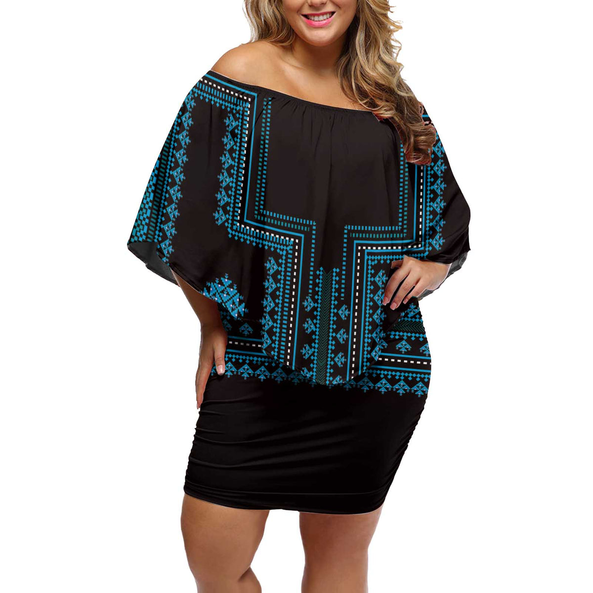 Bulgaria Traditional Pattern Blue Off Shoulder Short Dress Balkan Culture - Wonder Print Shop