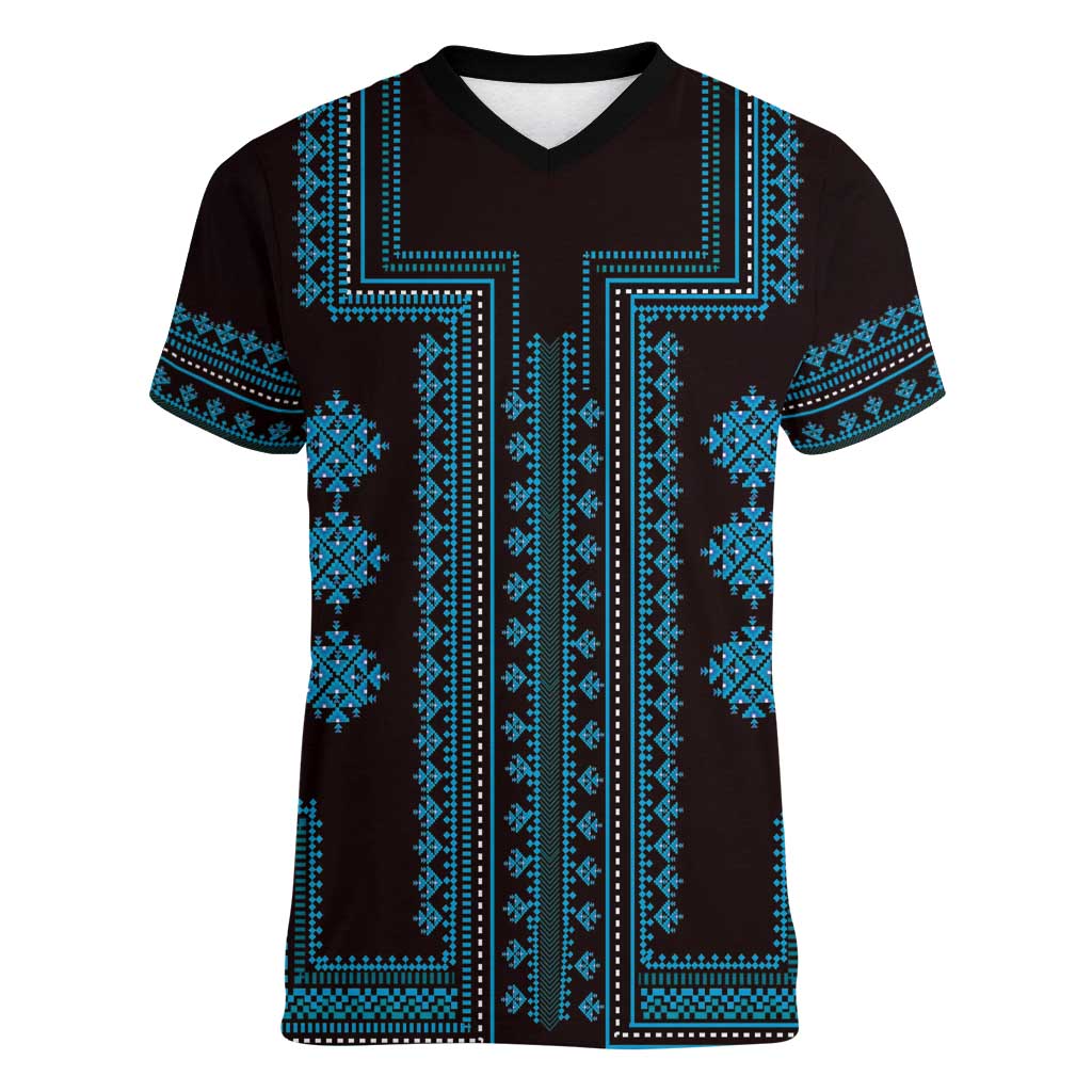 Bulgaria Traditional Pattern Blue Women V-Neck T-Shirt Balkan Culture - Wonder Print Shop