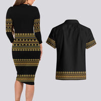Bulgaria Traditional Pattern Gold Couples Matching Long Sleeve Bodycon Dress and Hawaiian Shirt Balkan Culture - Wonder Print Shop