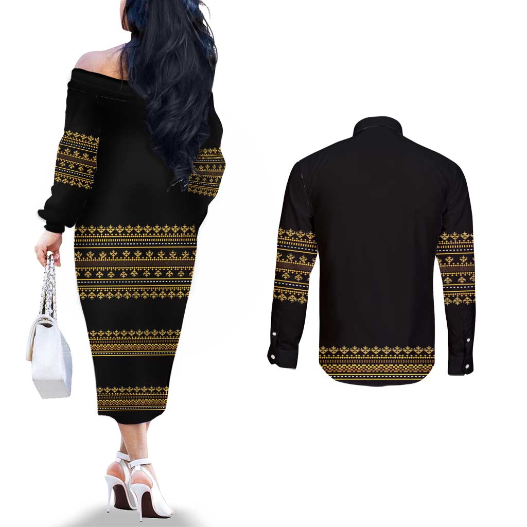 Bulgaria Traditional Pattern Gold Couples Matching Off The Shoulder Long Sleeve Dress and Long Sleeve Button Shirt Balkan Culture