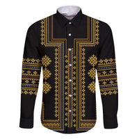 Bulgaria Traditional Pattern Gold Family Matching Off The Shoulder Long Sleeve Dress and Hawaiian Shirt Balkan Culture - Wonder Print Shop