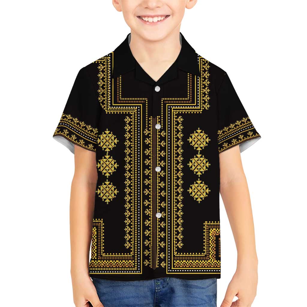 Bulgaria Traditional Pattern Gold Family Matching Off Shoulder Maxi Dress and Hawaiian Shirt Balkan Culture - Wonder Print Shop