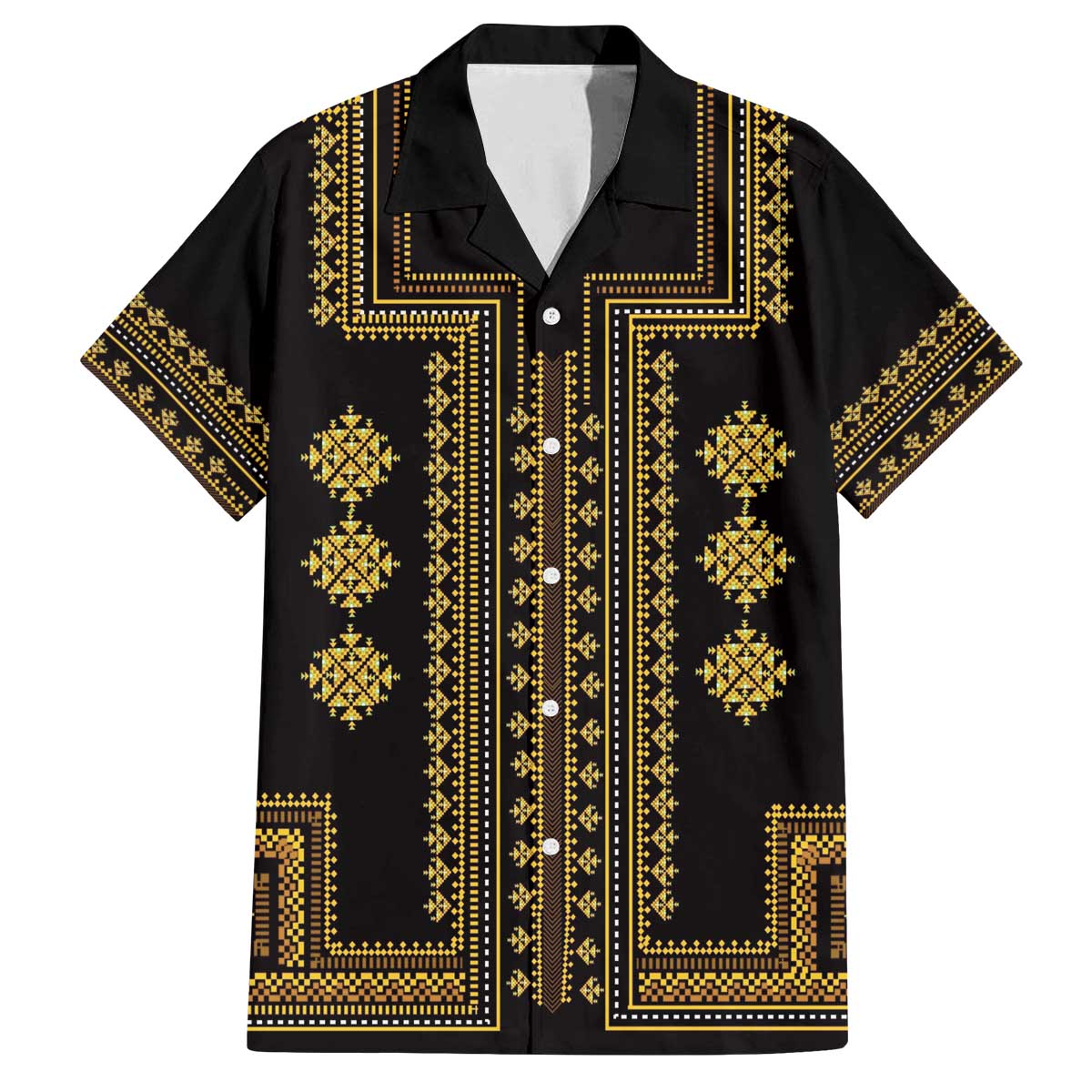 Bulgaria Traditional Pattern Gold Family Matching Off Shoulder Short Dress and Hawaiian Shirt Balkan Culture - Wonder Print Shop