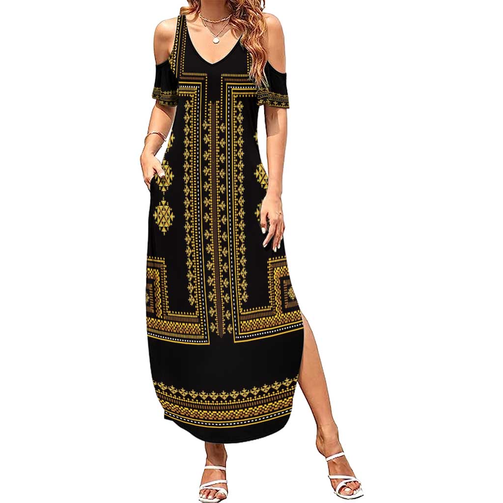 Bulgaria Traditional Pattern Gold Family Matching Summer Maxi Dress and Hawaiian Shirt Balkan Culture - Wonder Print Shop