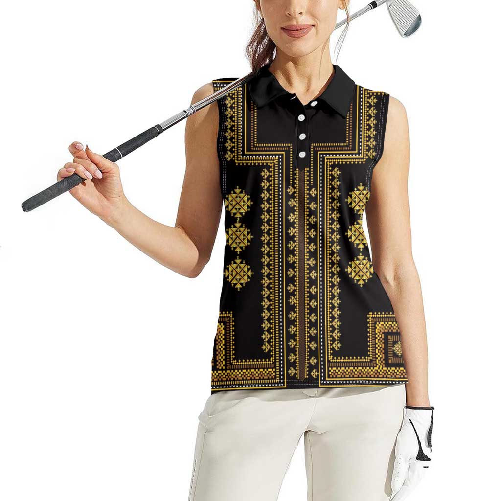 Bulgaria Traditional Pattern Gold Women Sleeveless Polo Shirt Balkan Culture - Wonder Print Shop