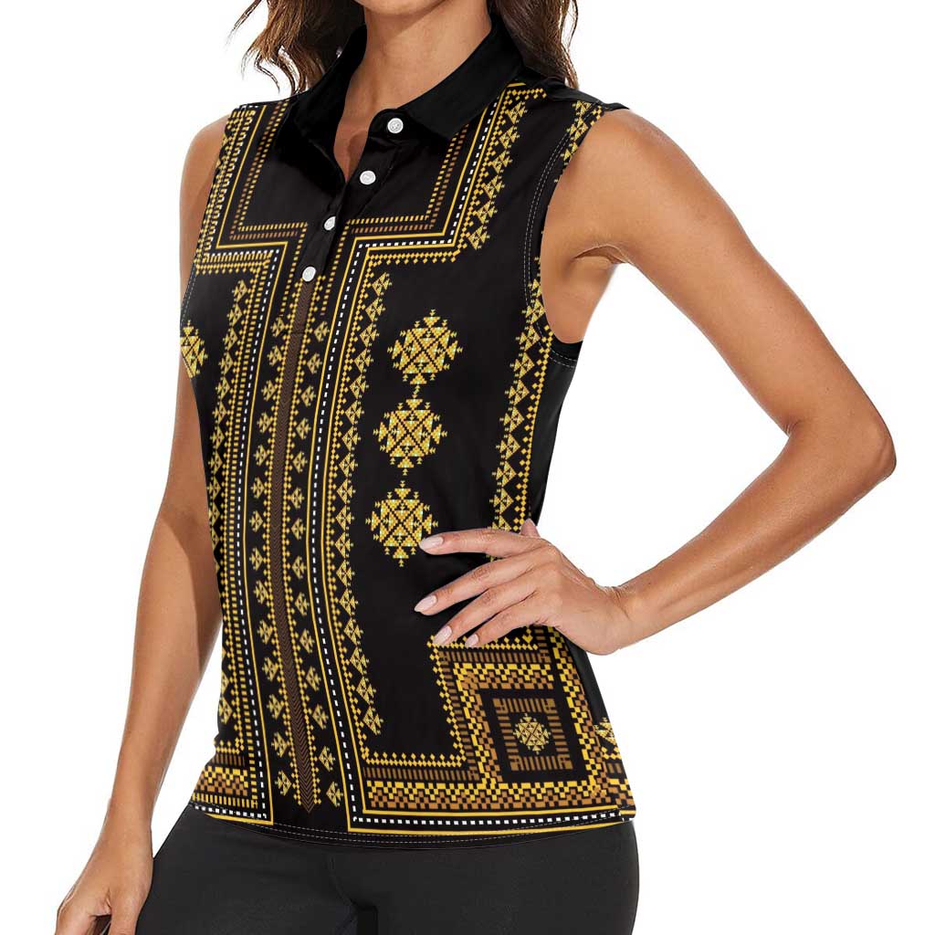 Bulgaria Traditional Pattern Gold Women Sleeveless Polo Shirt Balkan Culture - Wonder Print Shop
