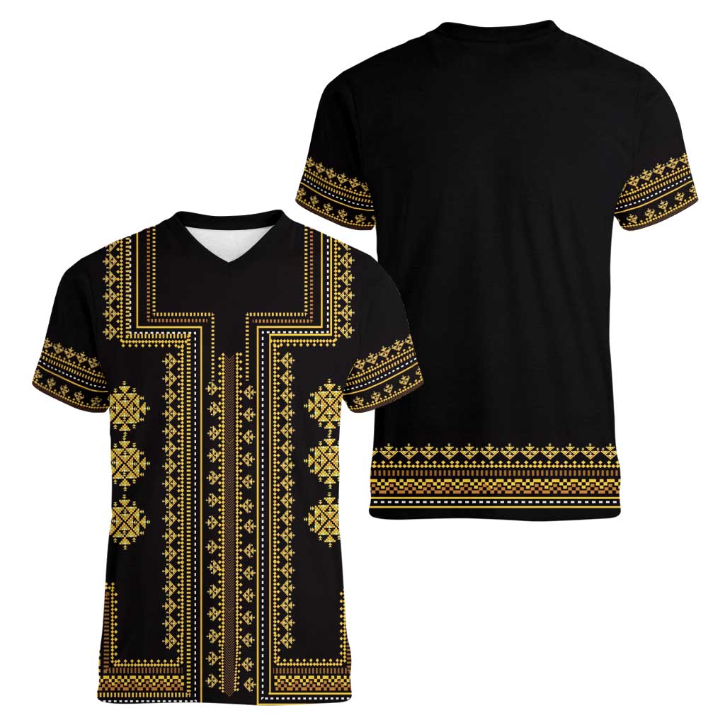 Bulgaria Traditional Pattern Gold Women V-Neck T-Shirt Balkan Culture - Wonder Print Shop