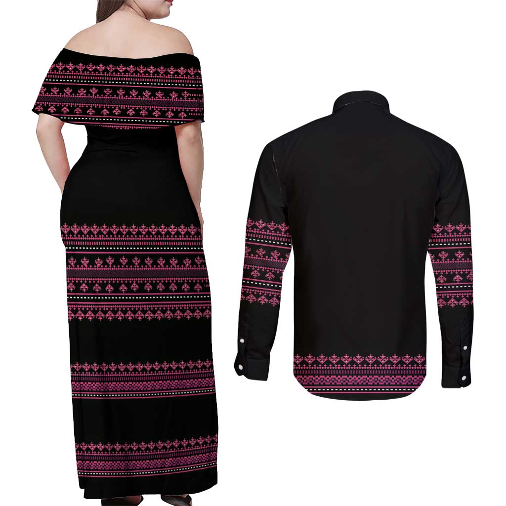 Bulgaria Traditional Pattern Pink Couples Matching Off Shoulder Maxi Dress and Long Sleeve Button Shirt Balkan Culture - Wonder Print Shop