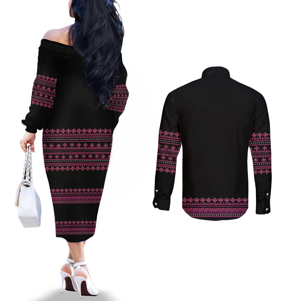 Bulgaria Traditional Pattern Pink Couples Matching Off The Shoulder Long Sleeve Dress and Long Sleeve Button Shirt Balkan Culture