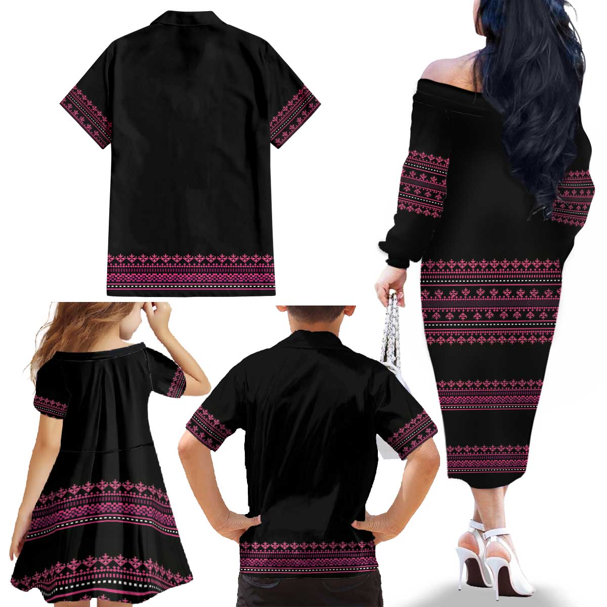 Bulgaria Traditional Pattern Pink Family Matching Off The Shoulder Long Sleeve Dress and Hawaiian Shirt Balkan Culture - Wonder Print Shop