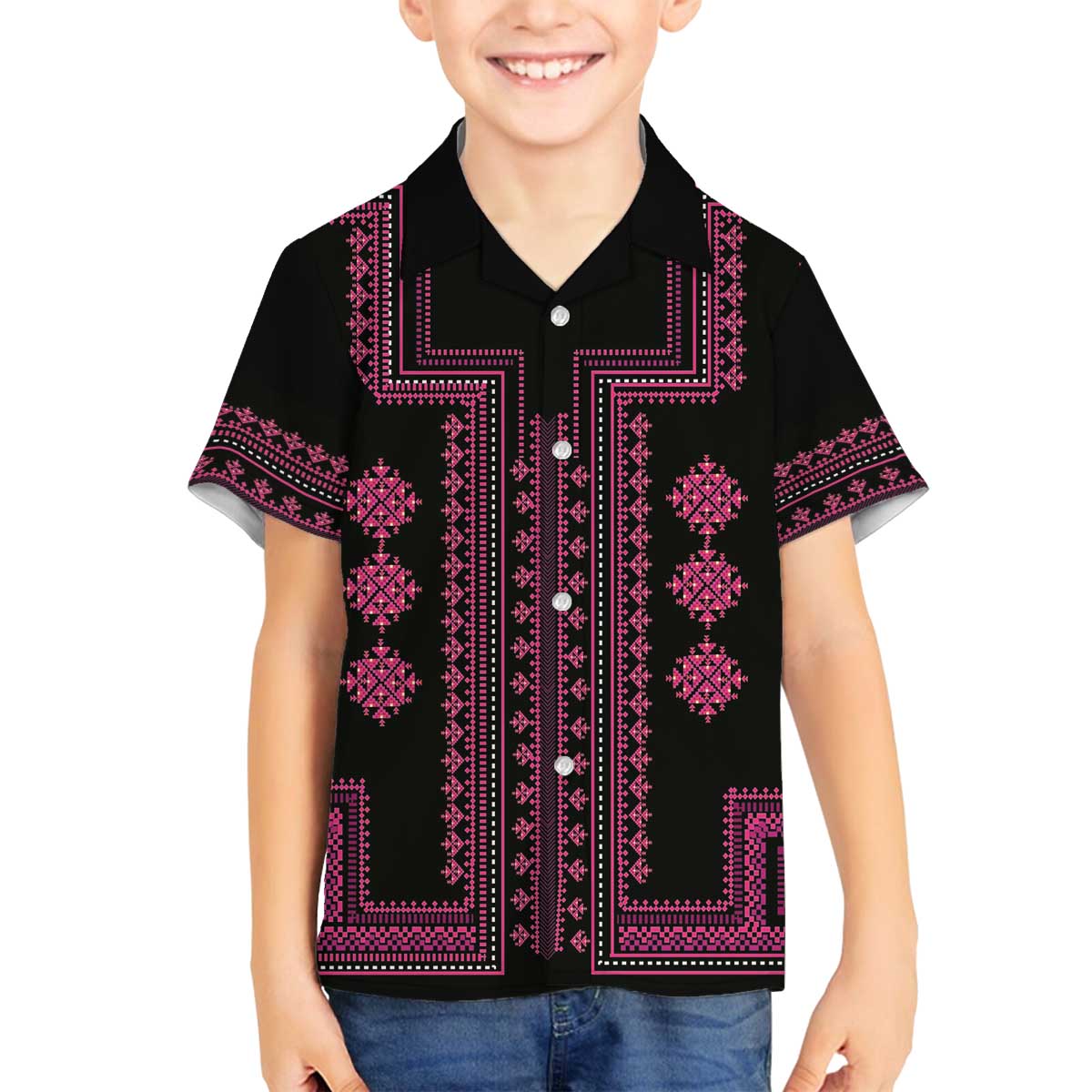 Bulgaria Traditional Pattern Pink Family Matching Off The Shoulder Long Sleeve Dress and Hawaiian Shirt Balkan Culture - Wonder Print Shop