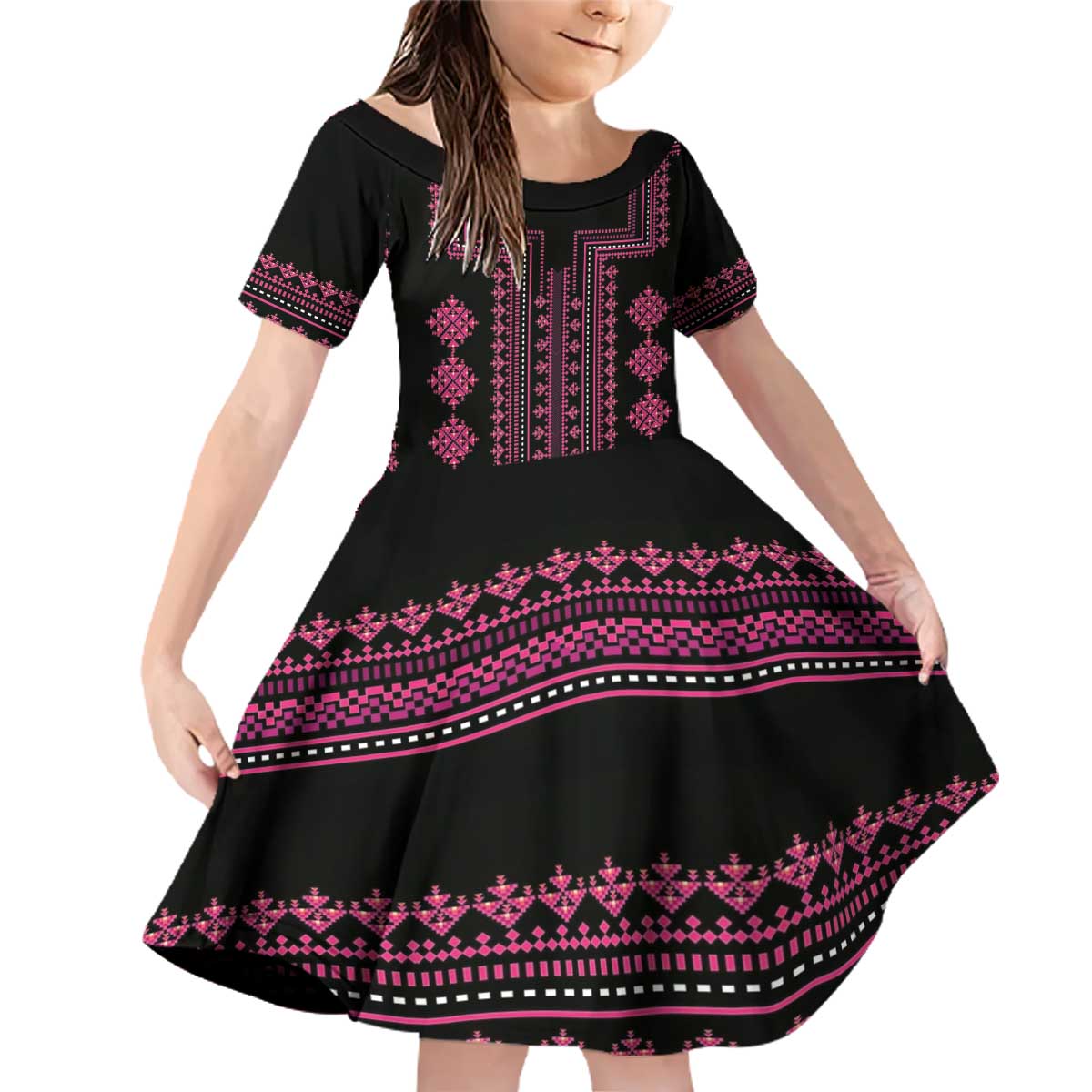 Bulgaria Traditional Pattern Pink Family Matching Off Shoulder Short Dress and Hawaiian Shirt Balkan Culture - Wonder Print Shop