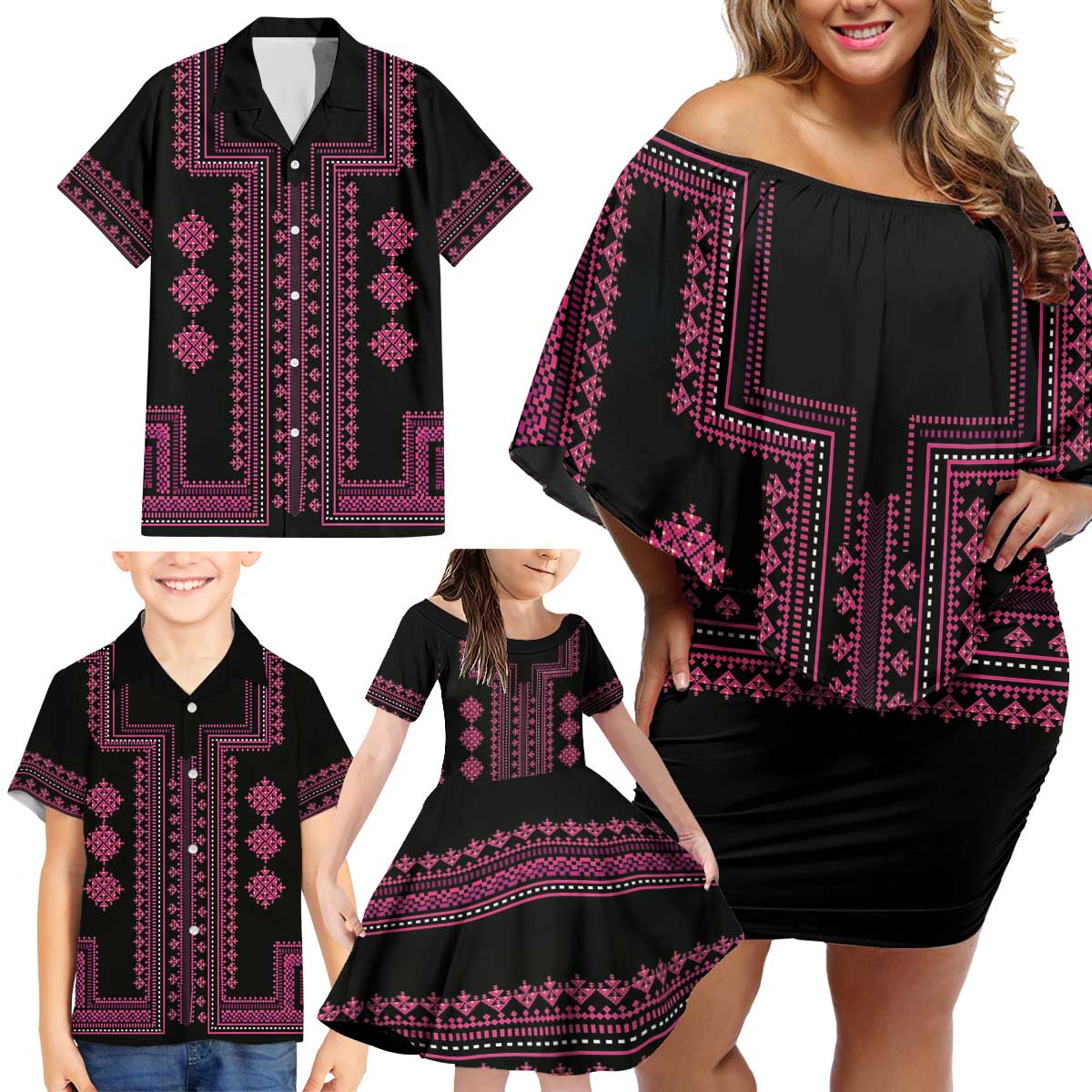 Bulgaria Traditional Pattern Pink Family Matching Off Shoulder Short Dress and Hawaiian Shirt Balkan Culture - Wonder Print Shop