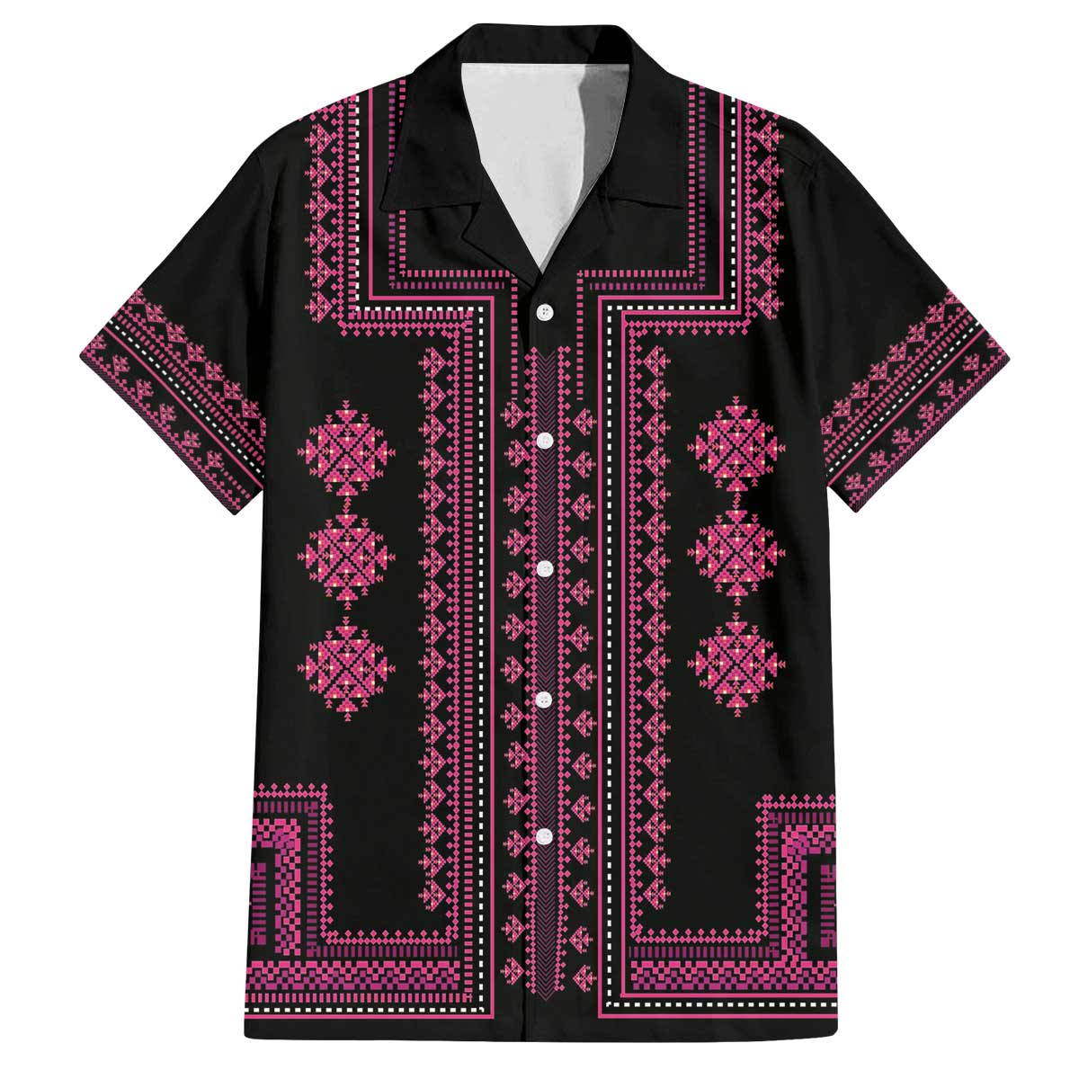 Bulgaria Traditional Pattern Pink Family Matching Off Shoulder Short Dress and Hawaiian Shirt Balkan Culture - Wonder Print Shop