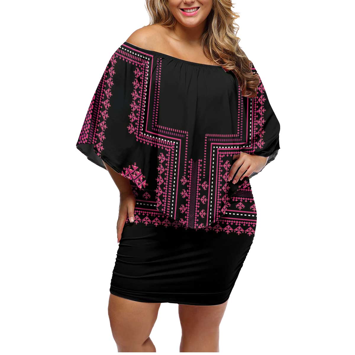 Bulgaria Traditional Pattern Pink Family Matching Off Shoulder Short Dress and Hawaiian Shirt Balkan Culture - Wonder Print Shop