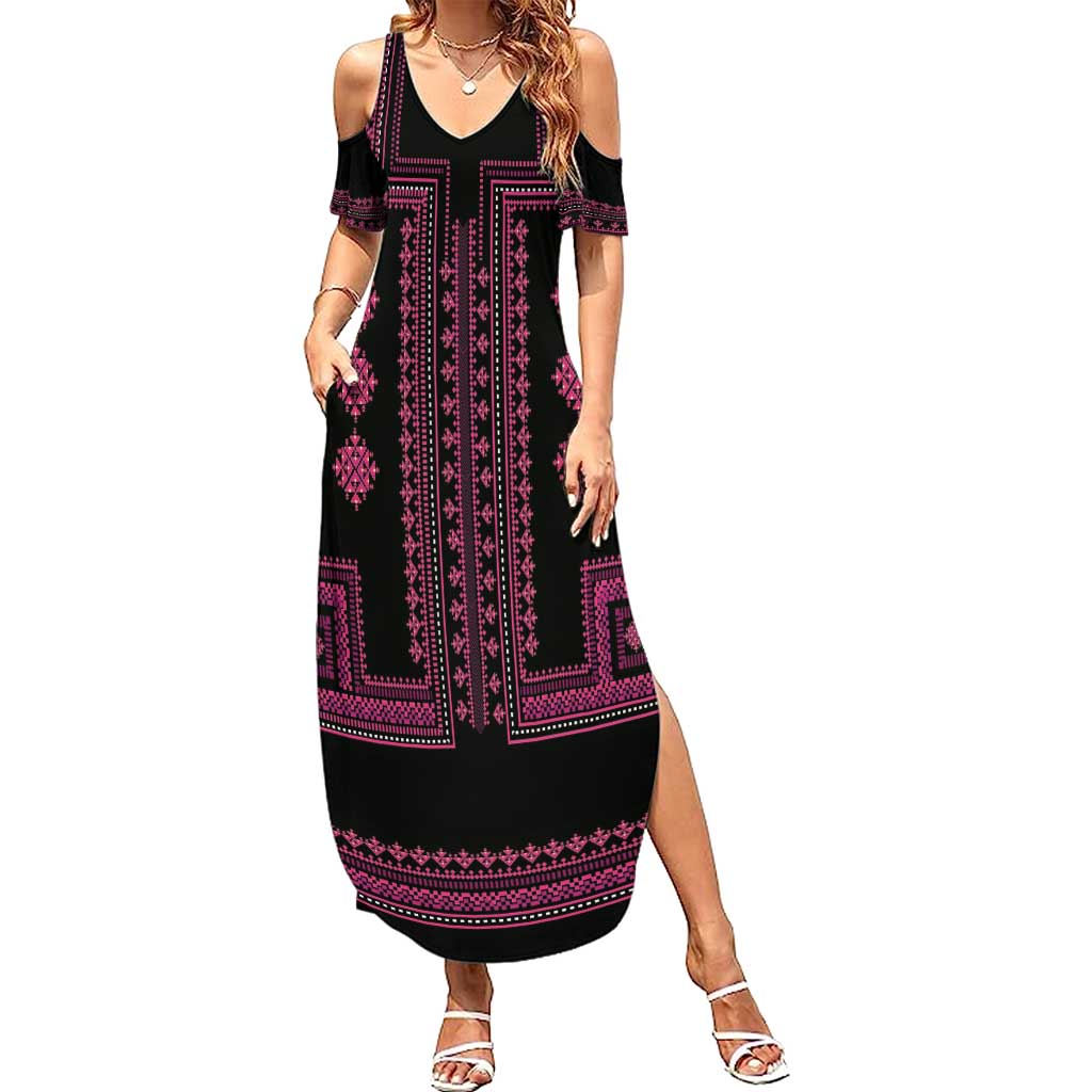 Bulgaria Traditional Pattern Pink Family Matching Summer Maxi Dress and Hawaiian Shirt Balkan Culture - Wonder Print Shop
