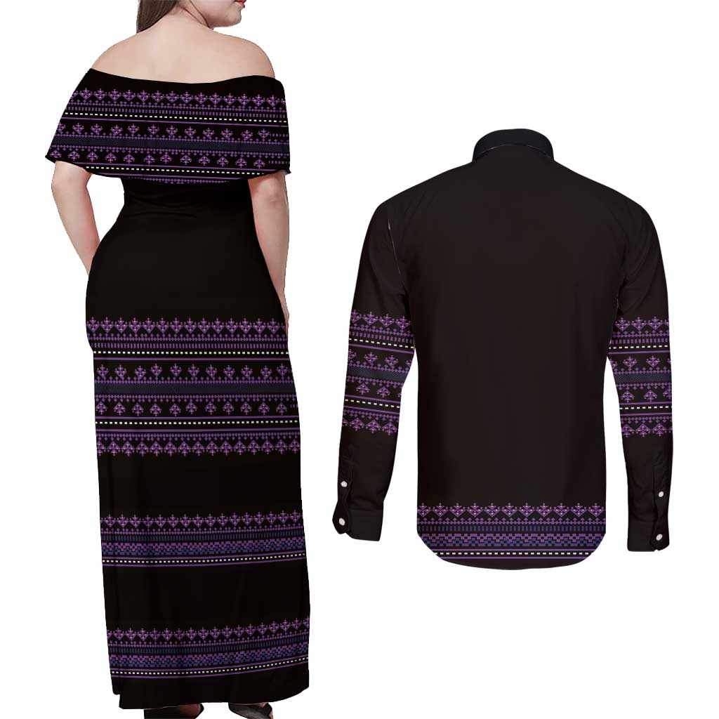 Bulgaria Traditional Pattern Purple Couples Matching Off Shoulder Maxi Dress and Long Sleeve Button Shirt Balkan Culture - Wonder Print Shop