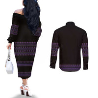 Bulgaria Traditional Pattern Purple Couples Matching Off The Shoulder Long Sleeve Dress and Long Sleeve Button Shirt Balkan Culture