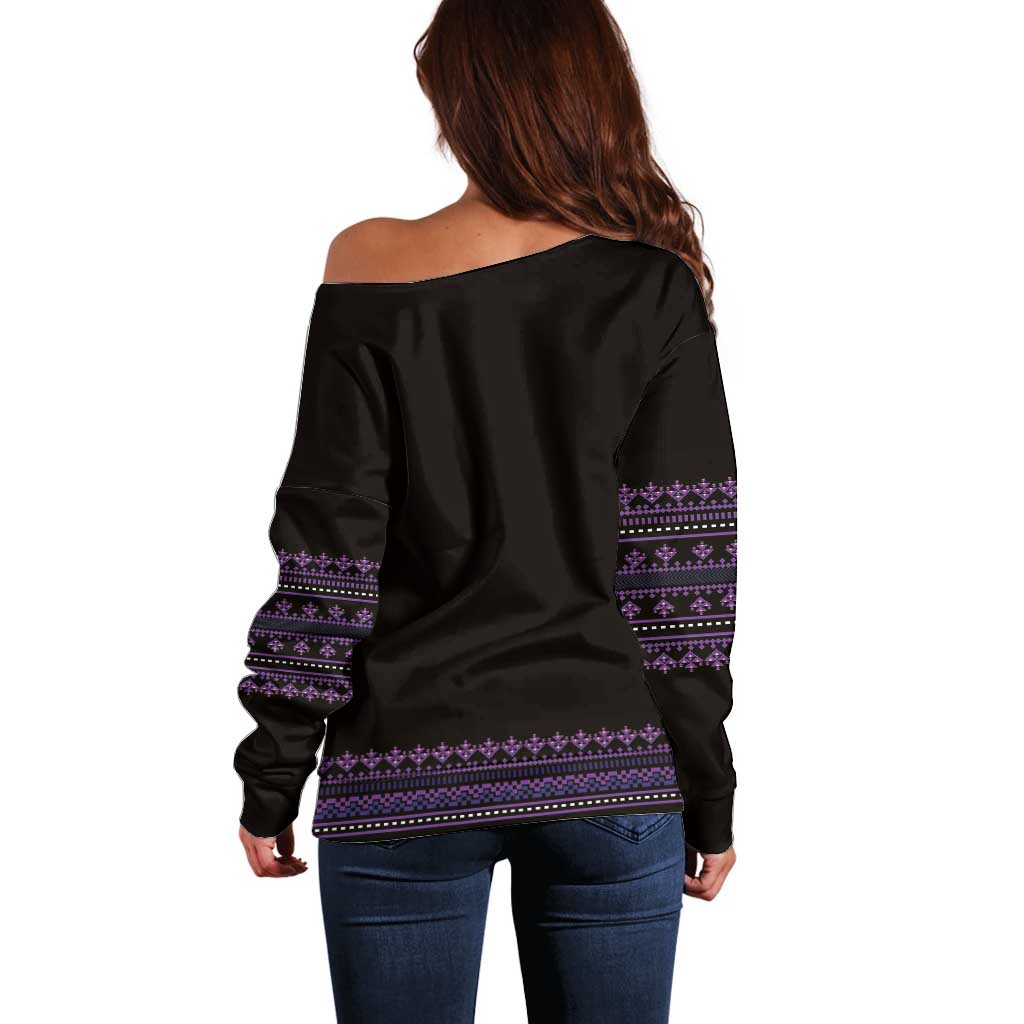 Bulgaria Traditional Pattern Purple Off Shoulder Sweater Balkan Culture - Wonder Print Shop