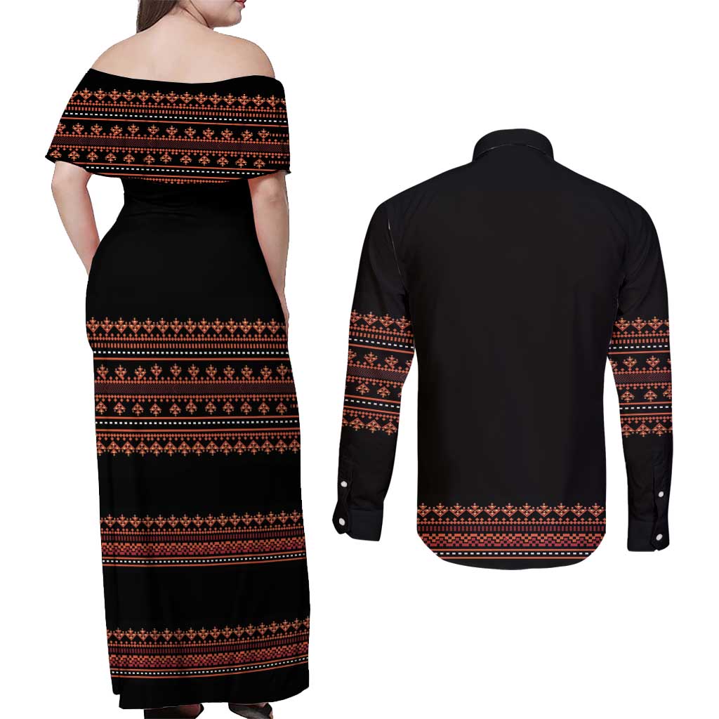 Bulgaria Traditional Pattern Red Couples Matching Off Shoulder Maxi Dress and Long Sleeve Button Shirt Balkan Culture - Wonder Print Shop