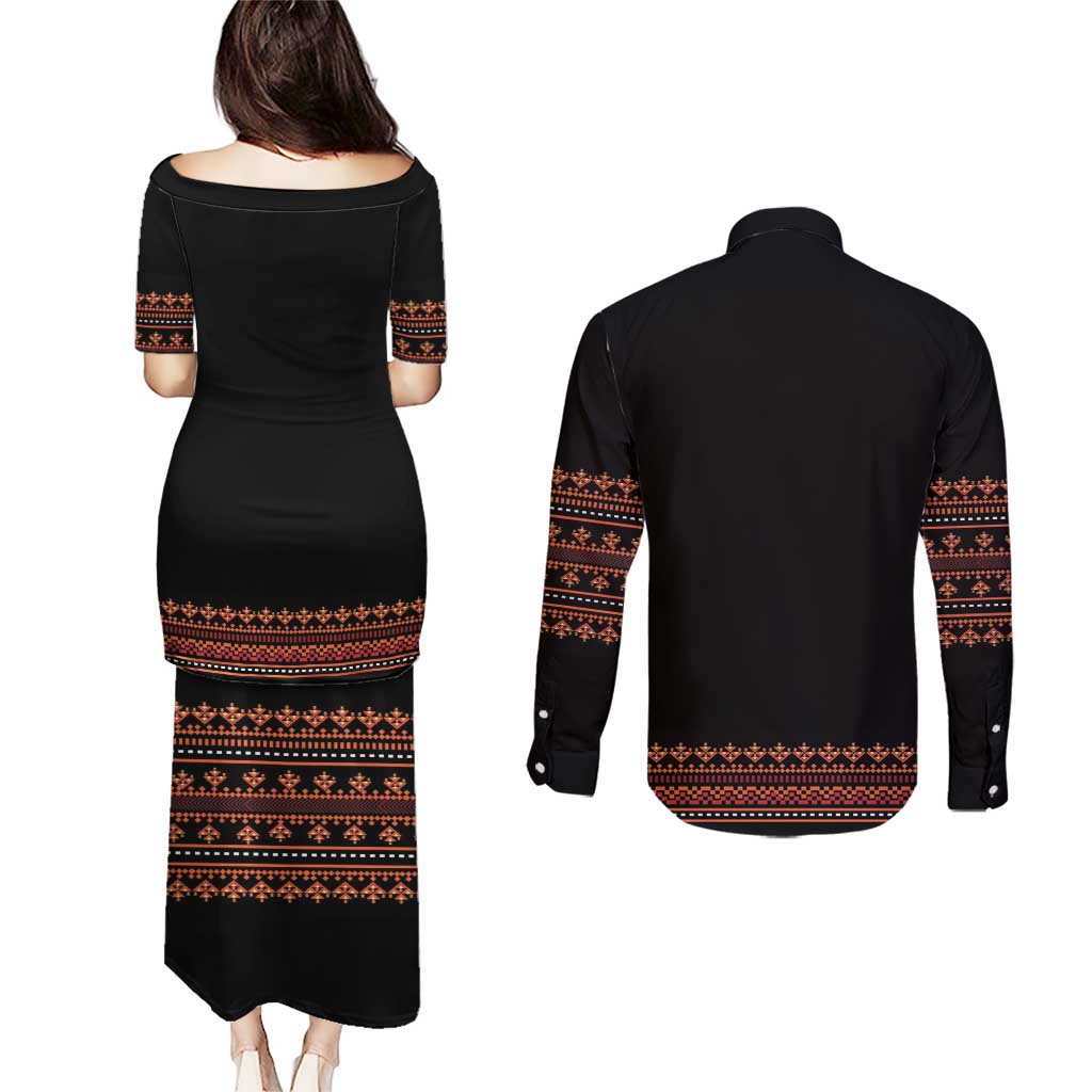 Bulgaria Traditional Pattern Red Couples Matching Puletasi and Long Sleeve Button Shirt Balkan Culture - Wonder Print Shop