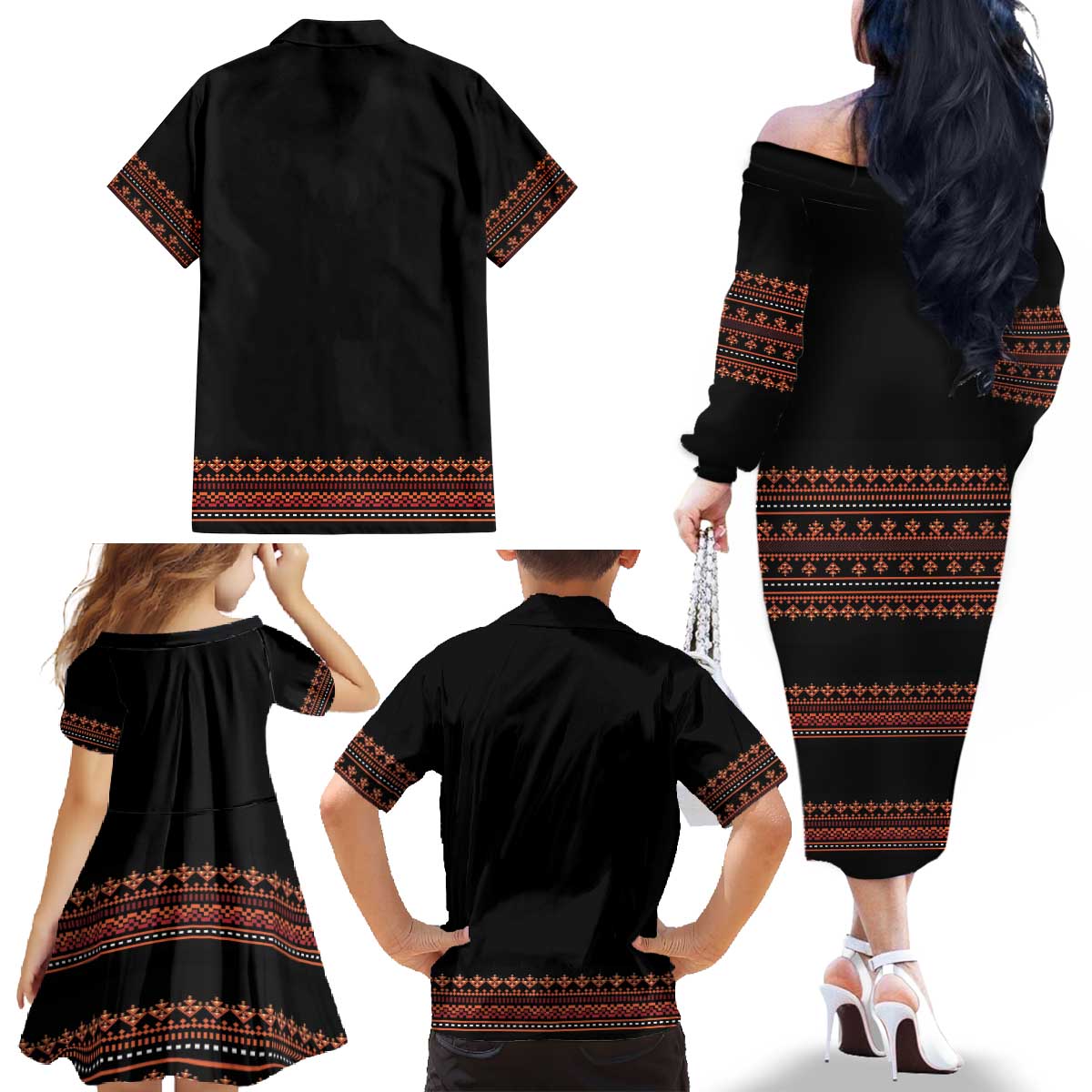 Bulgaria Traditional Pattern Red Family Matching Off The Shoulder Long Sleeve Dress and Hawaiian Shirt Balkan Culture - Wonder Print Shop