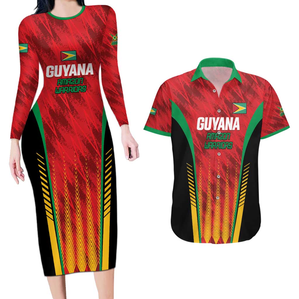 Custom Amazon Warriors Guyana Cricket Couples Matching Long Sleeve Bodycon Dress and Hawaiian Shirt Ready For Glory Red Version - Wonder Print Shop