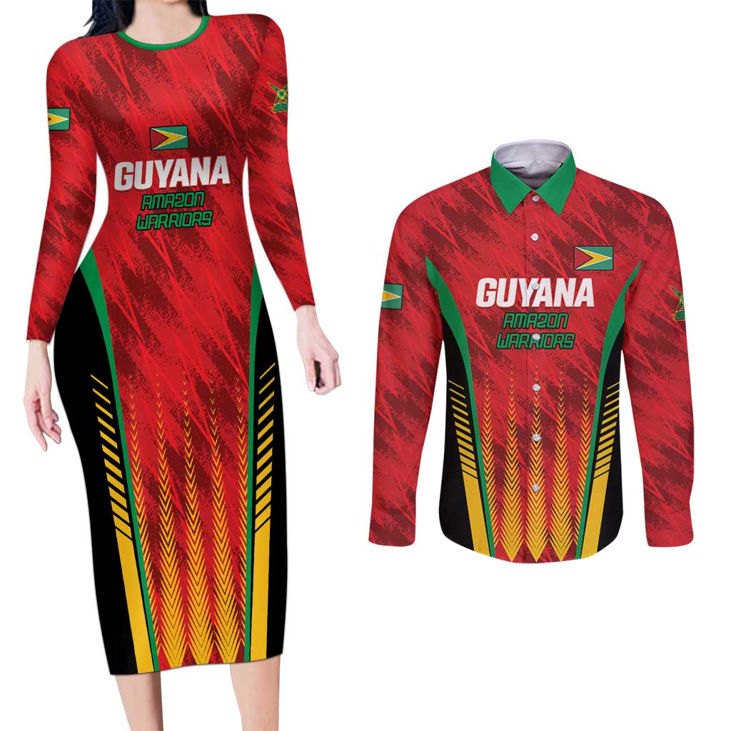 Custom Amazon Warriors Guyana Cricket Couples Matching Long Sleeve Bodycon Dress and Long Sleeve Button Shirt Ready For Glory Red Version - Wonder Print Shop