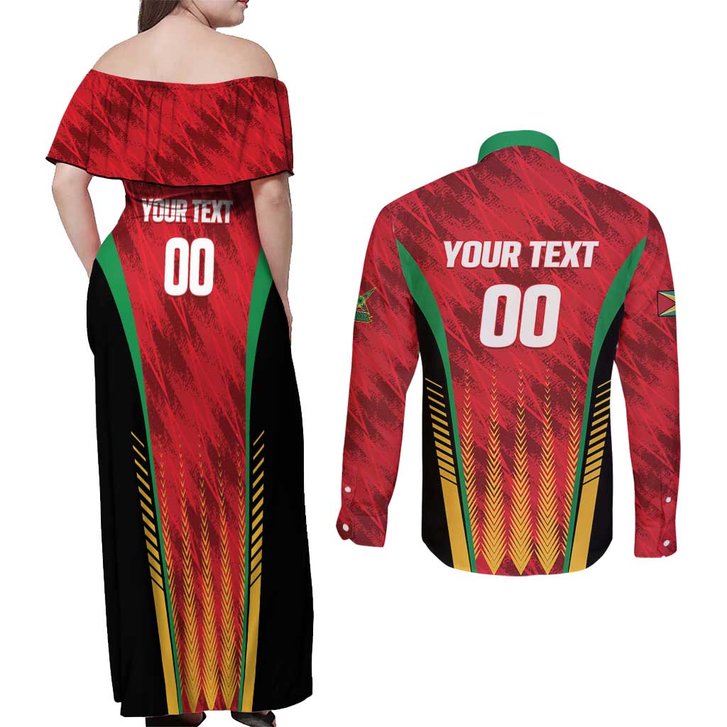 Custom Amazon Warriors Guyana Cricket Couples Matching Off Shoulder Maxi Dress and Long Sleeve Button Shirt Ready For Glory Red Version - Wonder Print Shop