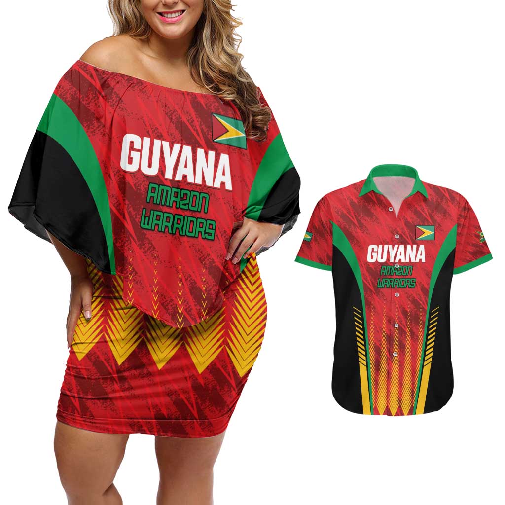 Custom Amazon Warriors Guyana Cricket Couples Matching Off Shoulder Short Dress and Hawaiian Shirt Ready For Glory Red Version - Wonder Print Shop