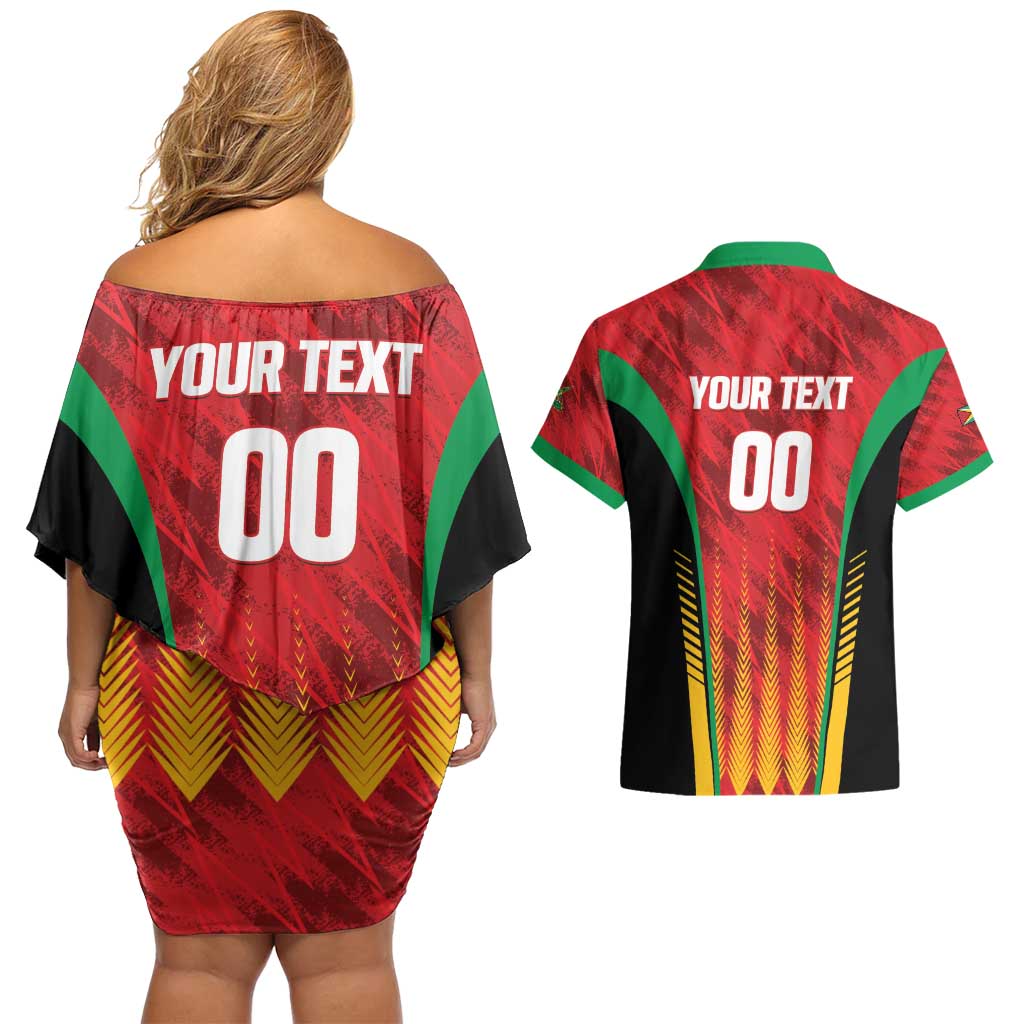 Custom Amazon Warriors Guyana Cricket Couples Matching Off Shoulder Short Dress and Hawaiian Shirt Ready For Glory Red Version - Wonder Print Shop