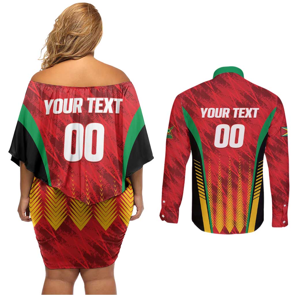 Custom Amazon Warriors Guyana Cricket Couples Matching Off Shoulder Short Dress and Long Sleeve Button Shirt Ready For Glory Red Version - Wonder Print Shop