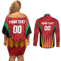 Custom Amazon Warriors Guyana Cricket Couples Matching Off Shoulder Short Dress and Long Sleeve Button Shirt Ready For Glory Red Version - Wonder Print Shop