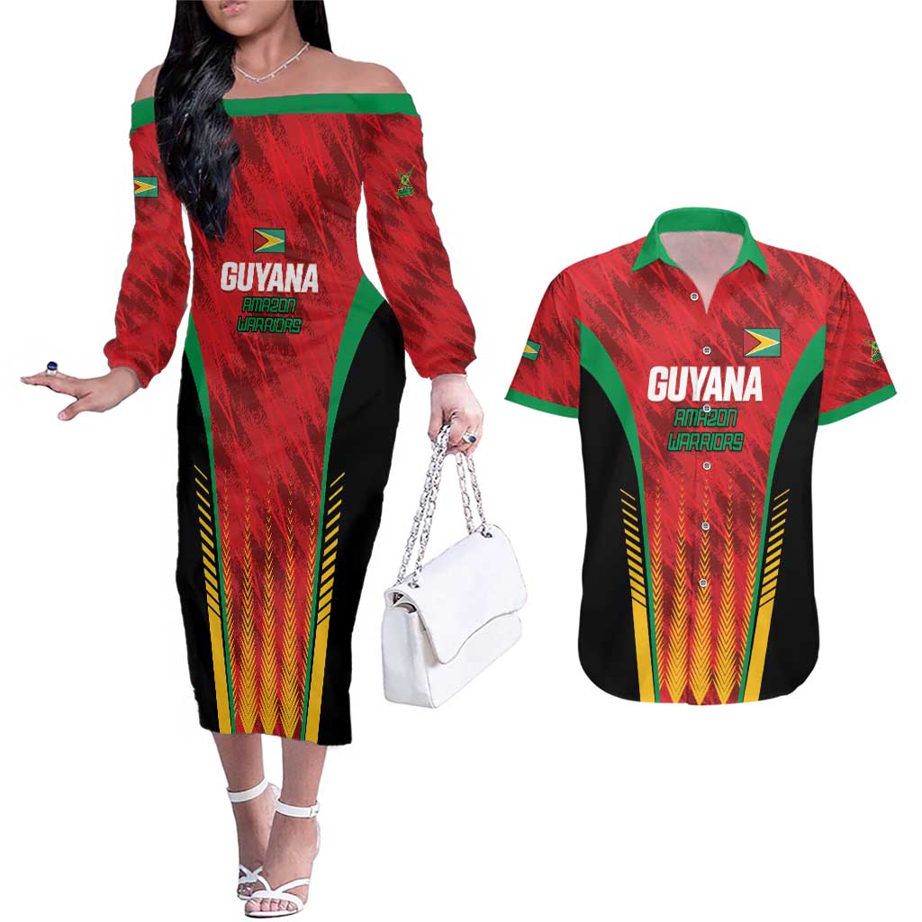 Custom Amazon Warriors Guyana Cricket Couples Matching Off The Shoulder Long Sleeve Dress and Hawaiian Shirt Ready For Glory Red Version - Wonder Print Shop
