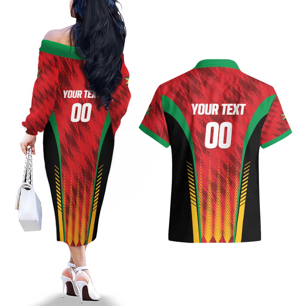 Custom Amazon Warriors Guyana Cricket Couples Matching Off The Shoulder Long Sleeve Dress and Hawaiian Shirt Ready For Glory Red Version - Wonder Print Shop