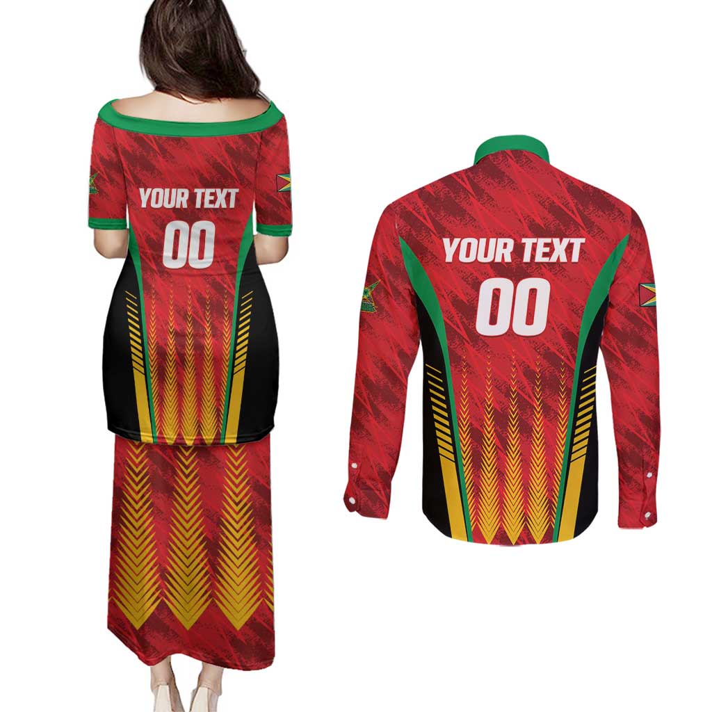 Custom Amazon Warriors Guyana Cricket Couples Matching Puletasi and Long Sleeve Button Shirt Ready For Glory Red Version - Wonder Print Shop