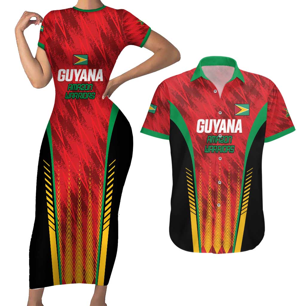 Custom Amazon Warriors Guyana Cricket Couples Matching Short Sleeve Bodycon Dress and Hawaiian Shirt Ready For Glory Red Version - Wonder Print Shop