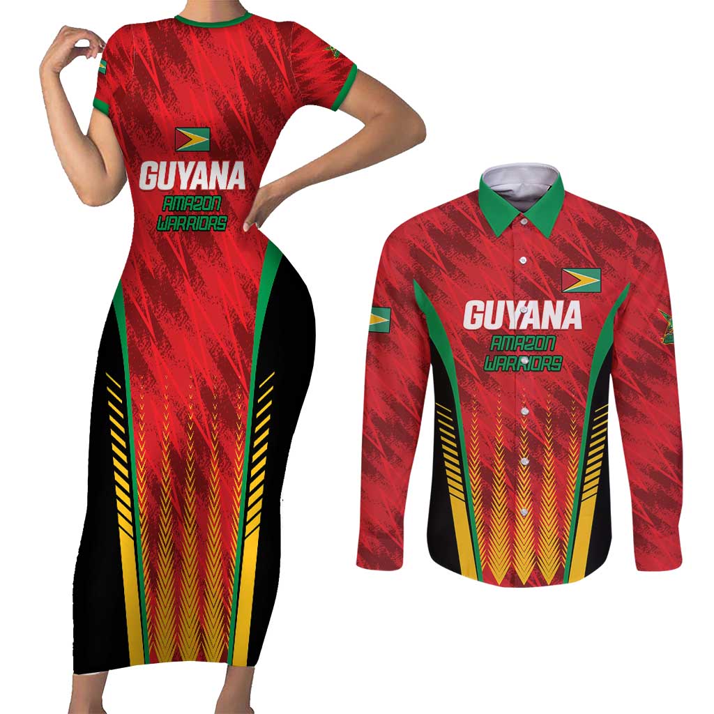 Custom Amazon Warriors Guyana Cricket Couples Matching Short Sleeve Bodycon Dress and Long Sleeve Button Shirt Ready For Glory Red Version - Wonder Print Shop