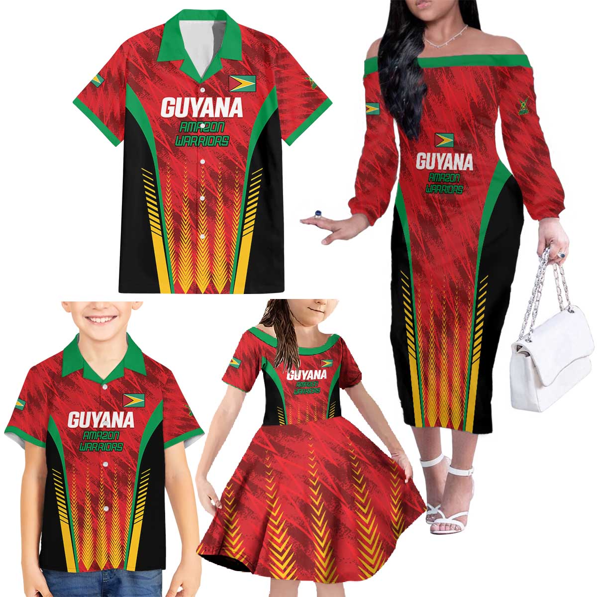Custom Amazon Warriors Guyana Cricket Family Matching Off The Shoulder Long Sleeve Dress and Hawaiian Shirt Ready For Glory Red Version - Wonder Print Shop