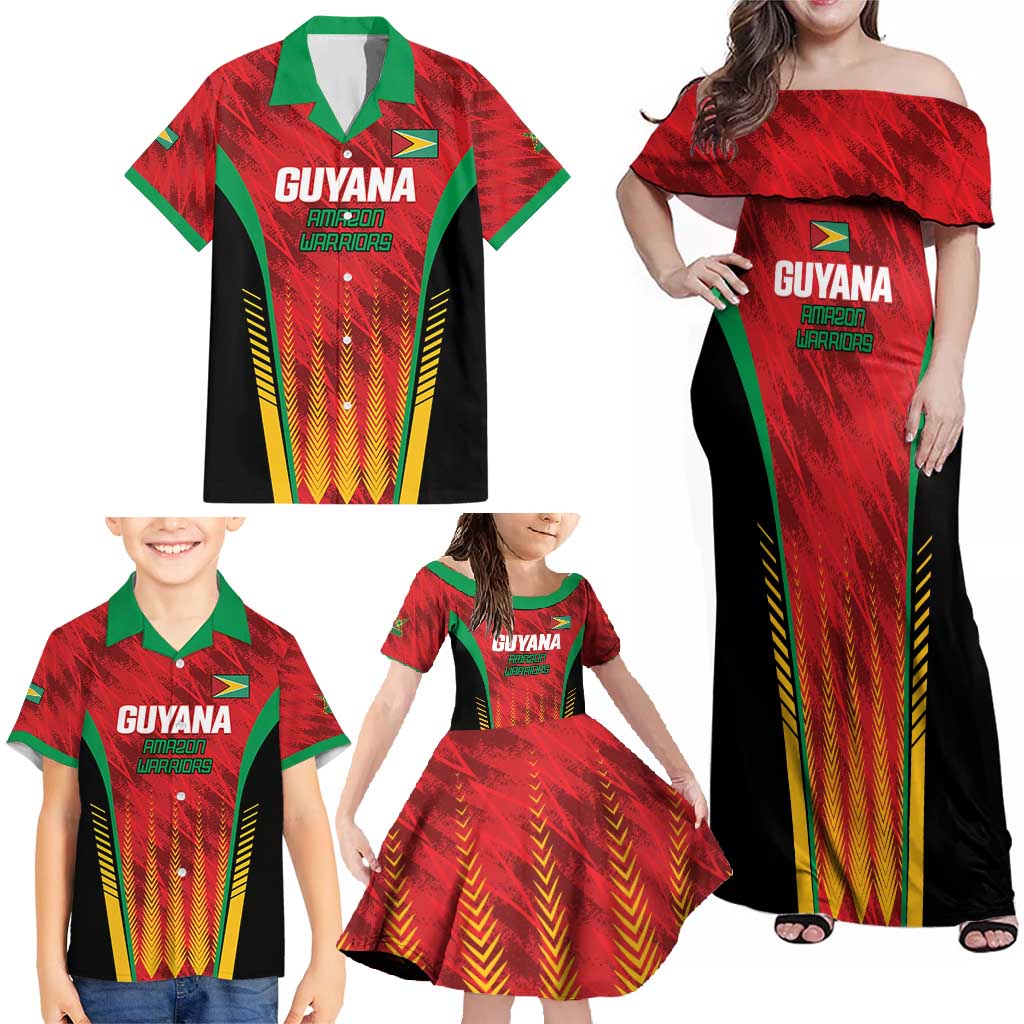 Custom Amazon Warriors Guyana Cricket Family Matching Off Shoulder Maxi Dress and Hawaiian Shirt Ready For Glory Red Version - Wonder Print Shop