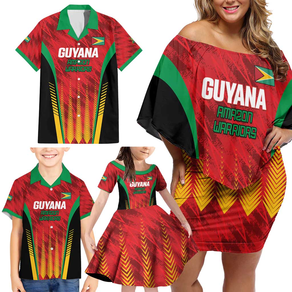 Custom Amazon Warriors Guyana Cricket Family Matching Off Shoulder Short Dress and Hawaiian Shirt Ready For Glory Red Version - Wonder Print Shop