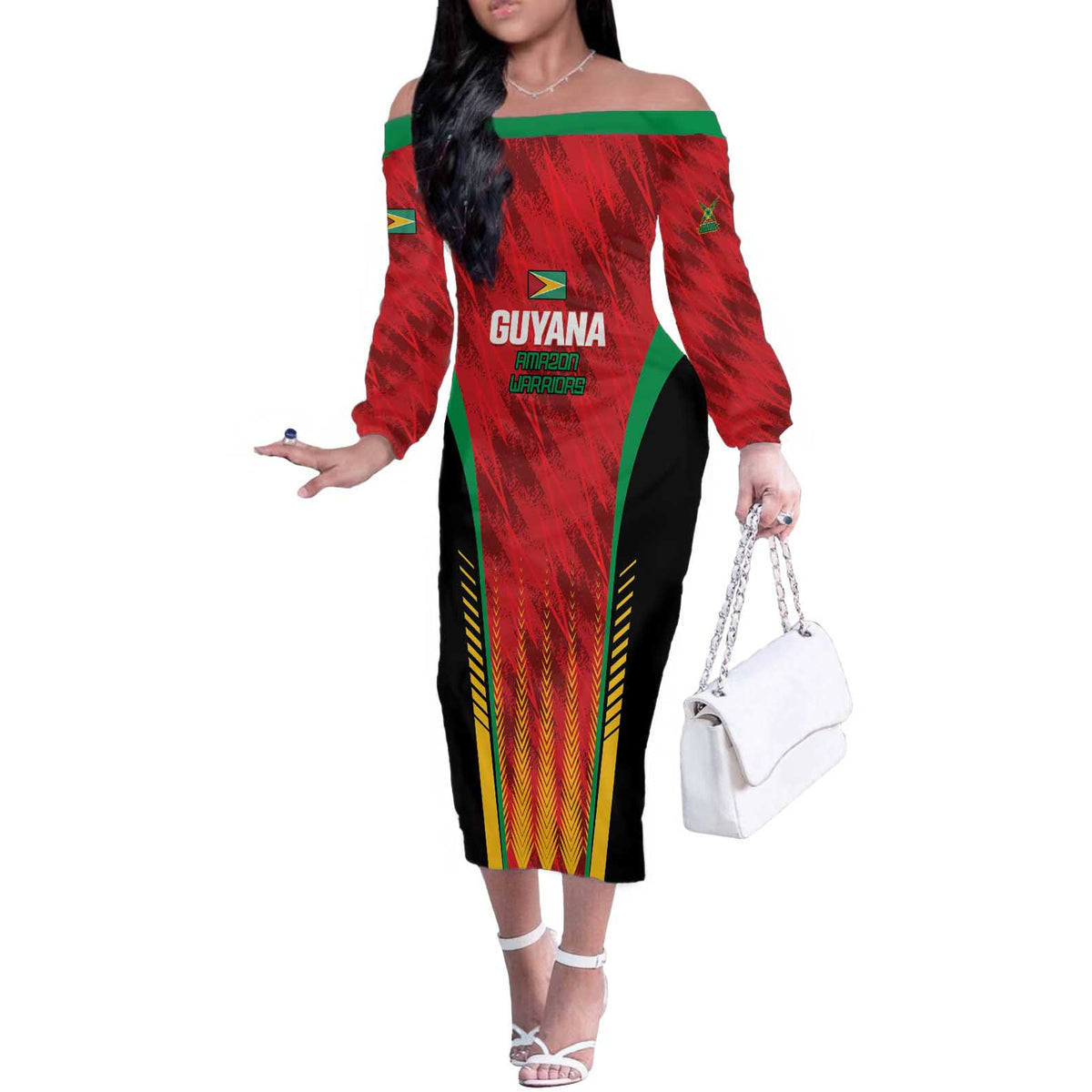 Custom Amazon Warriors Guyana Cricket Off The Shoulder Long Sleeve Dress Ready For Glory Red Version - Wonder Print Shop