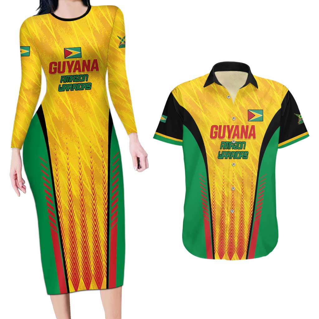 Custom Amazon Warriors Guyana Cricket Couples Matching Long Sleeve Bodycon Dress and Hawaiian Shirt Ready For Glory Yellow Version - Wonder Print Shop