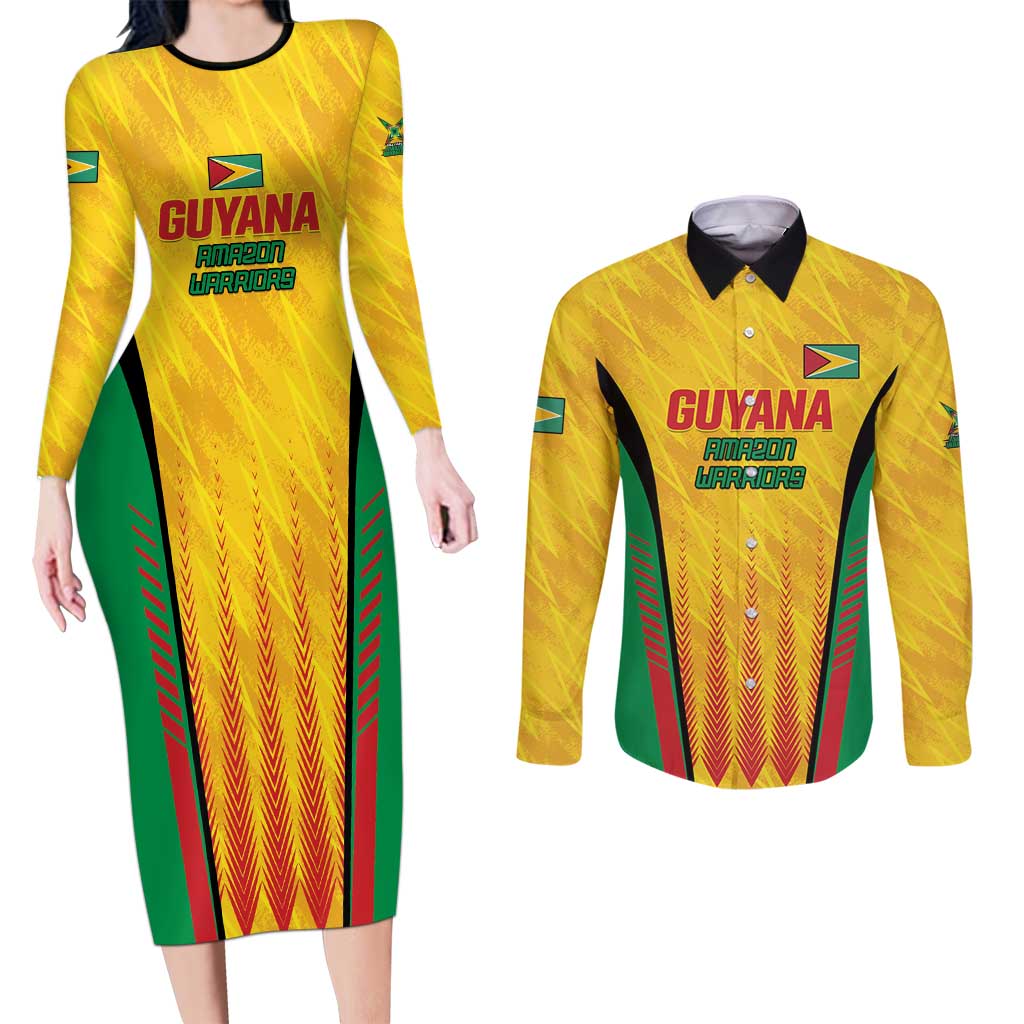 Custom Amazon Warriors Guyana Cricket Couples Matching Long Sleeve Bodycon Dress and Long Sleeve Button Shirt Ready For Glory Yellow Version - Wonder Print Shop