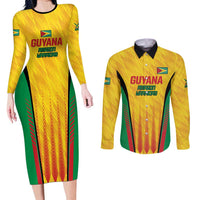 Custom Amazon Warriors Guyana Cricket Couples Matching Long Sleeve Bodycon Dress and Long Sleeve Button Shirt Ready For Glory Yellow Version - Wonder Print Shop